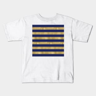 Navy Blue and Gold Metallic Horizontal Stripes Kids T-Shirt